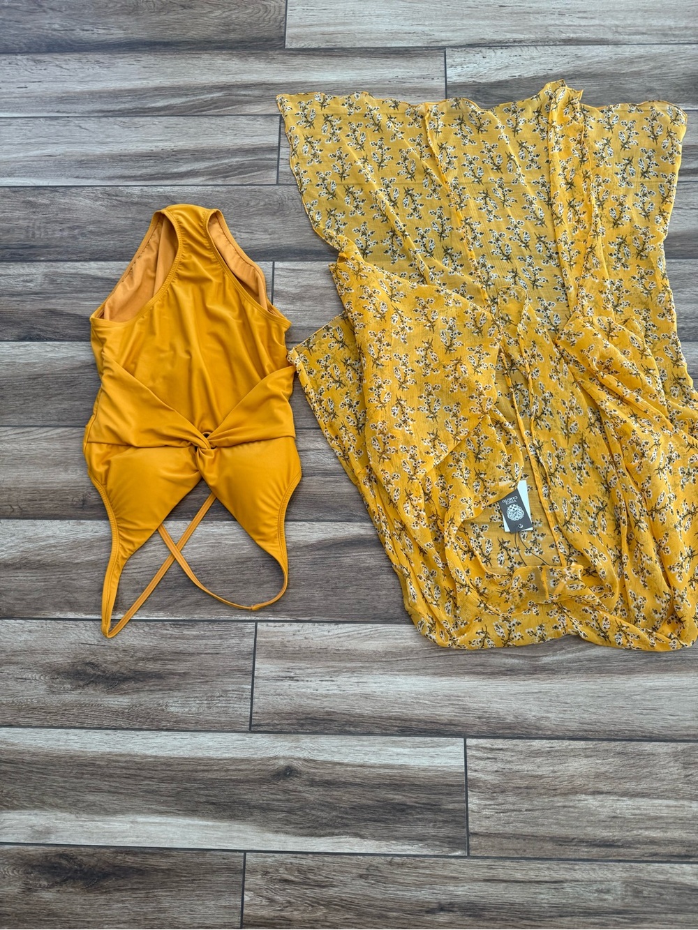 Vince Camuto Mustard Yellow Floral Maxi Dress with Twist-Front Bodysuit